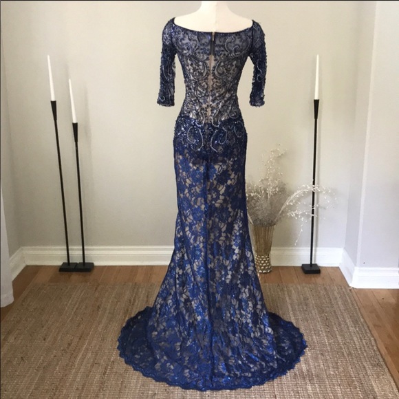 Mac Duggal couture blue sleeve lace gemstone gown - Picture 5 of 8